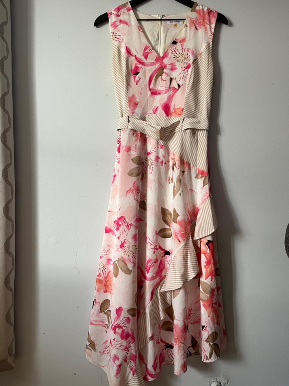 Calvin Klein Ruffled Asymmetrical Floral Midi Dress with Waist Tie Size 8